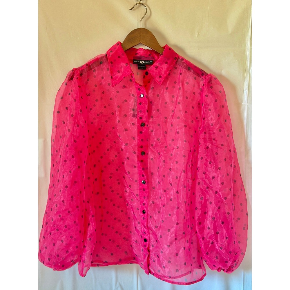 Ashley Stewart Pink Polka Dot Sheer Organza Puff Sleeve Blouse Size 10 NWT